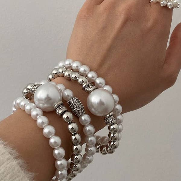 SILVER Beaded Shiny Bracelet Accessories Five Pieces Sets for wholesale on Faire1