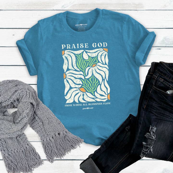 Heather Galapagos Blue grace & truth Womens T-Shirt Praise God Flowers for wholesale on Faire