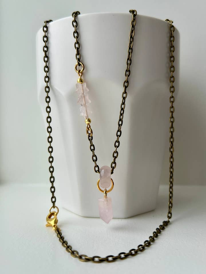 Rose Quartz Donut Pendant Long Brass Necklace for wholesale by Ahimsa Gems