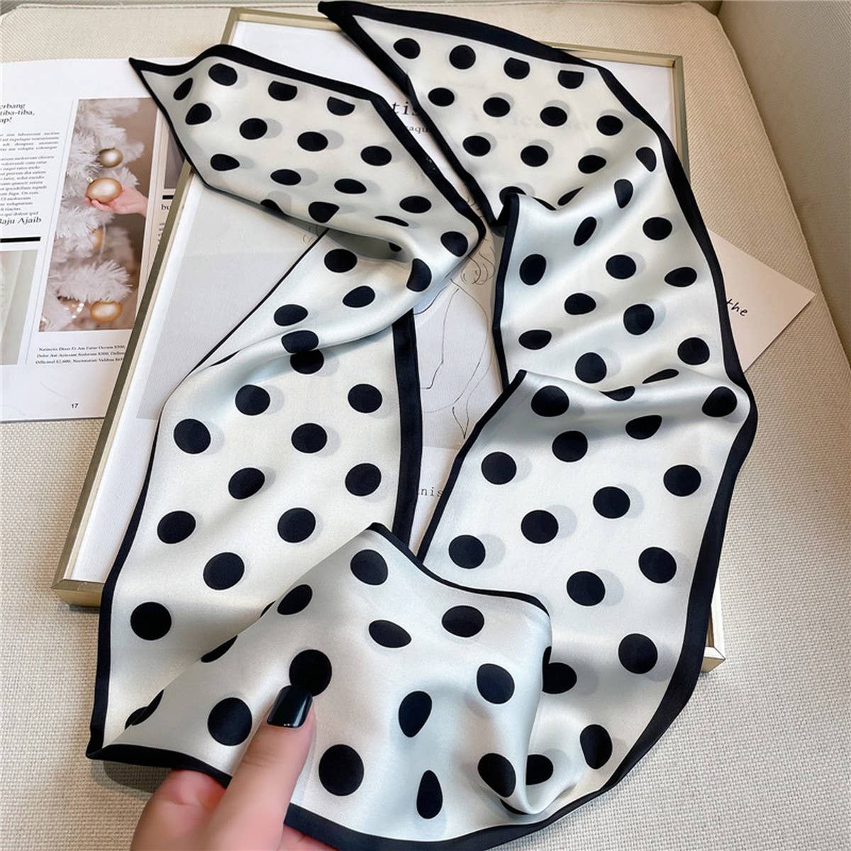ACCITY - Wholesale Head Scarf - Women's - POLKA DOT SIMPLE GEOMETRIC LONG SILK HEAD SCARF_CWASC15196