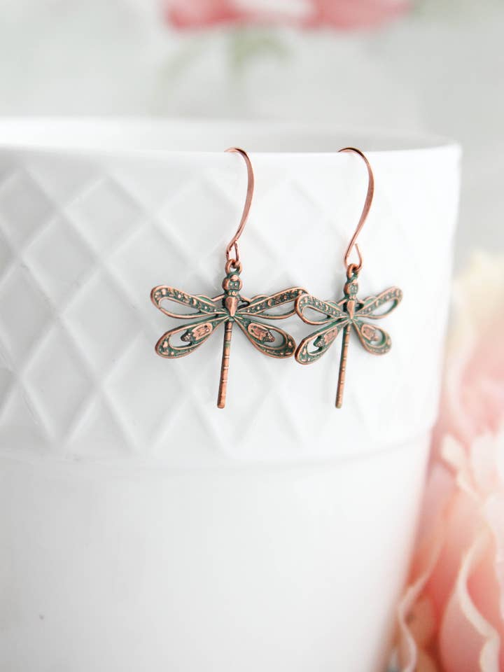 Dragonfly Earrings | Mint Copper Earrings | Nature Jewelry for wholesale by A Pocket of Posies