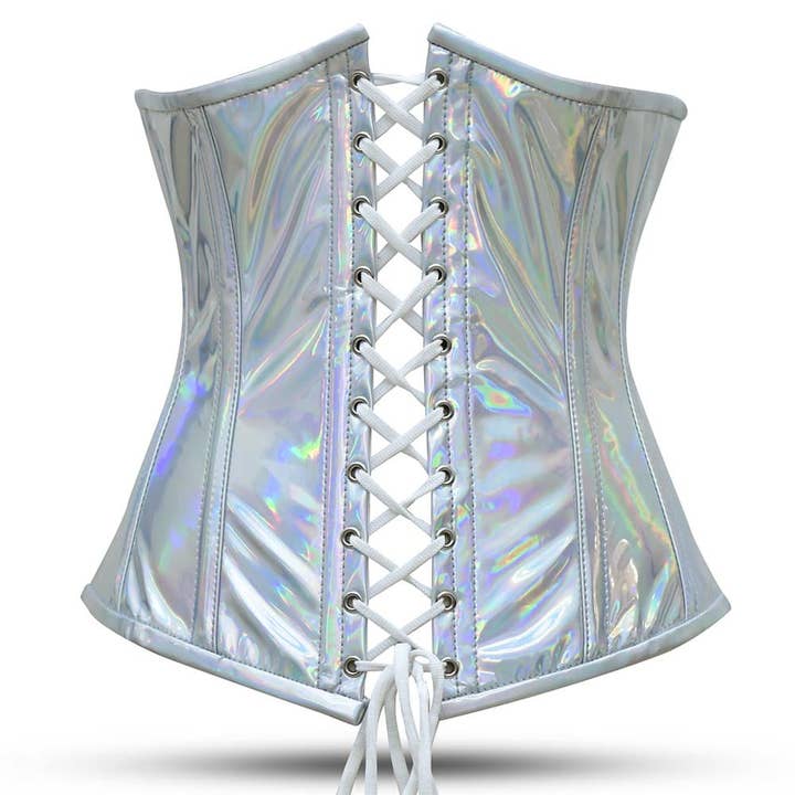 Women Shiny Silver Half Bust Corset - PVC Laced Corset Top for wholesale by Miss Leather