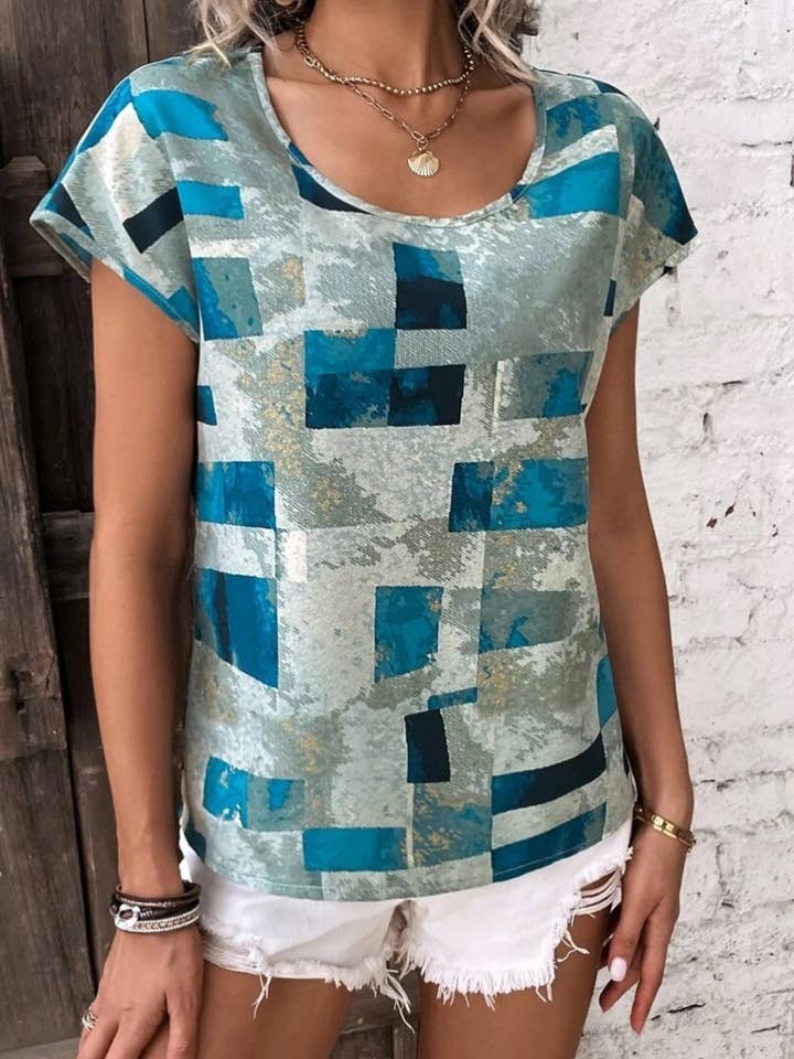 CWTBLS1147_SUMMER GEOMETRIC PATTERN LOOSE SHORT SLEEVE TOP for wholesale by NINEXIS