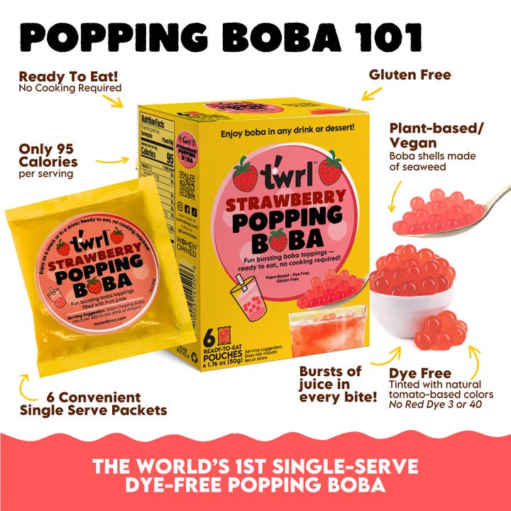 Twrl Milk Tea - Wholesale DIY Drink Kit - Strawberry Popping Boba Topping 6 Pack, Dye-Free Gluten-Free