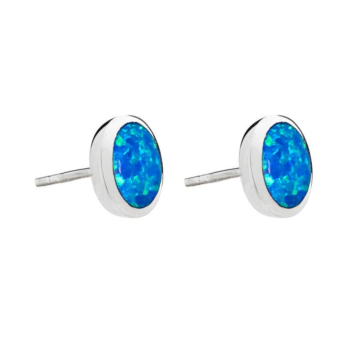 Stunning Round Blue Opal Studs (USA-DDP) for wholesale by Silver Jewellery Cavern Wholesale