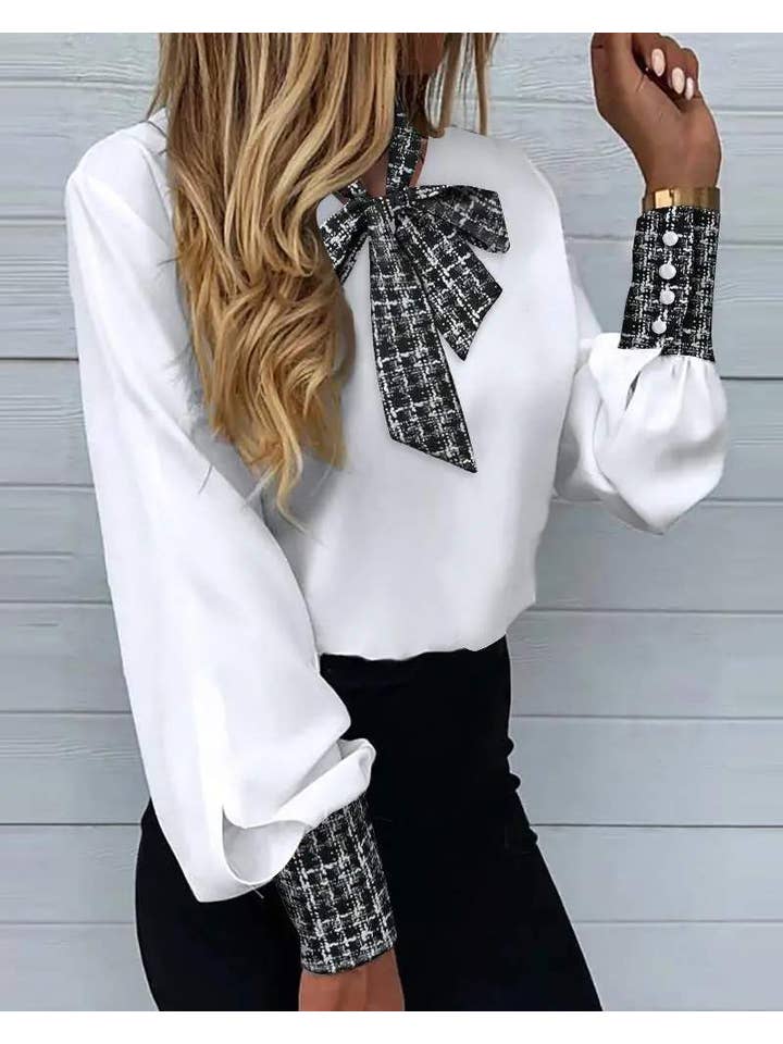 WHITE plaid print lantern sleeve tie neck top for wholesale on Faire