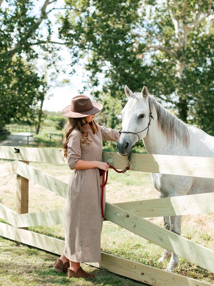 Brown 'Beth' Cotton Gingham Maxi Dress for wholesale on Faire13
