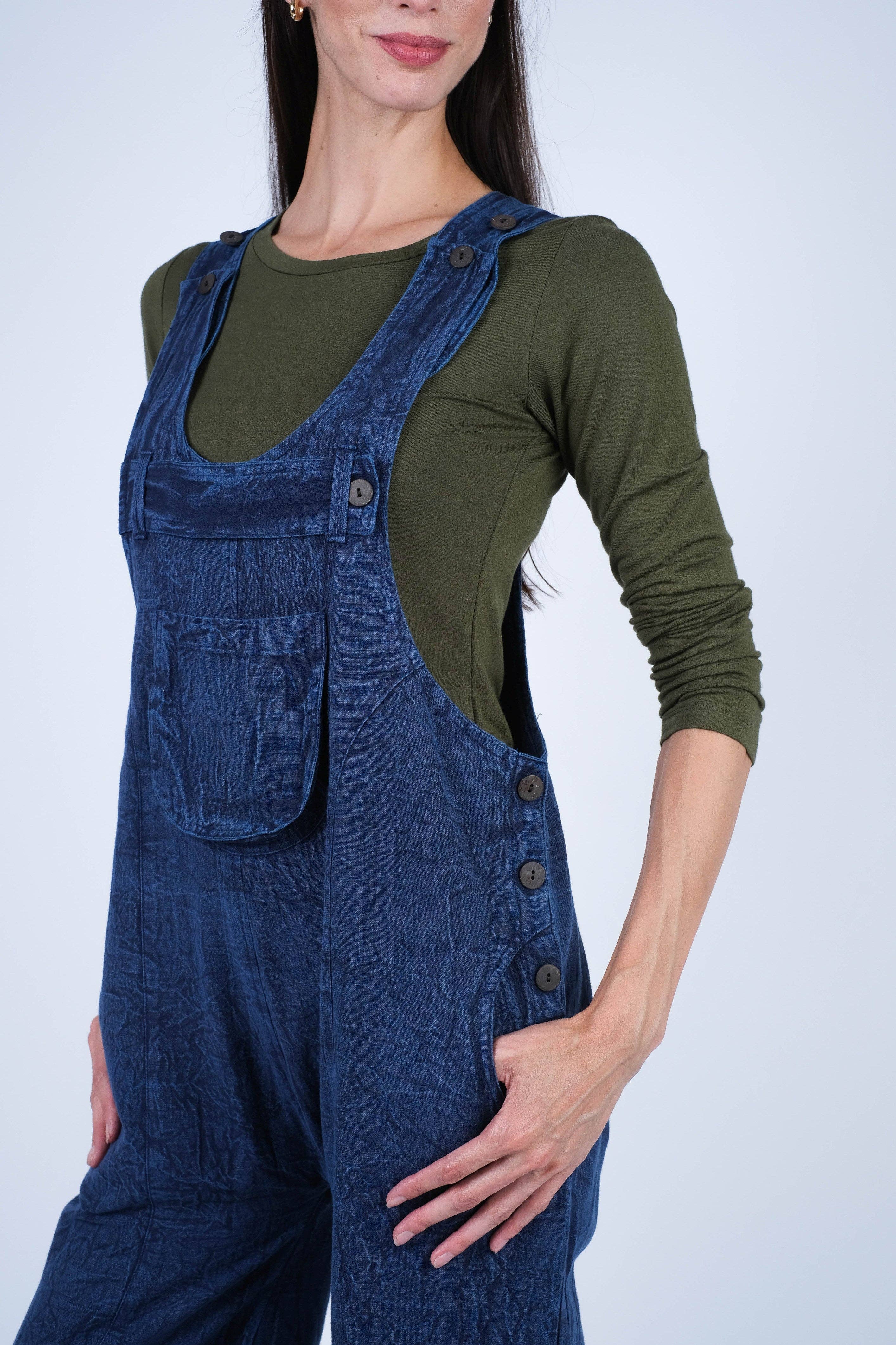 Sacred Threads - Wholesale Overalls - Women's - Textured Stone-Washed Cotton Overalls Cuffed Bottoms3