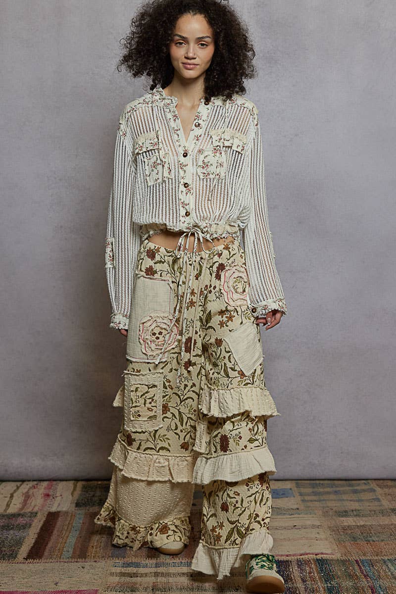 Pol Clothing - Wholesale Jacket - Women's - Vintage washed floral print patch crochet jacket SALE10