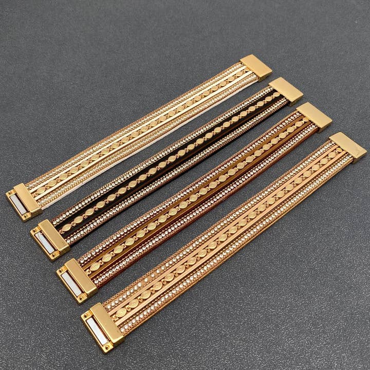 Mio Queena - Wholesale Bangle Bracelet - LB - Sparkling Rhinestone & Leather Triple-Layer Boho Bracelet2