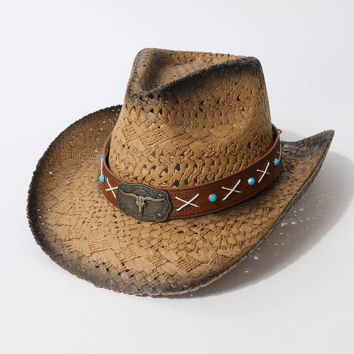 ACCITY - Wholesale Cowboy Hat - Women's - Vintage Hollow Out Straw Cowboy Beach Hat_CWAH3656