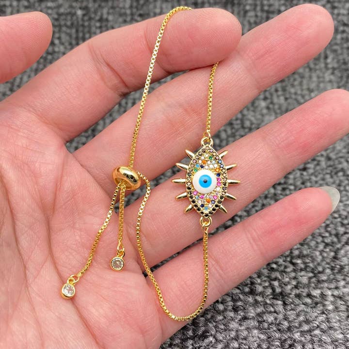 Mio Queena - Wholesale Charm/Dangle Bracelet - Multi-style Rhinestone Evil Eye Charm Golden Bracelets