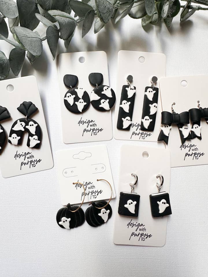 Black Ghost Clay Statement Earrings for Halloween for wholesale by Design With Purpose