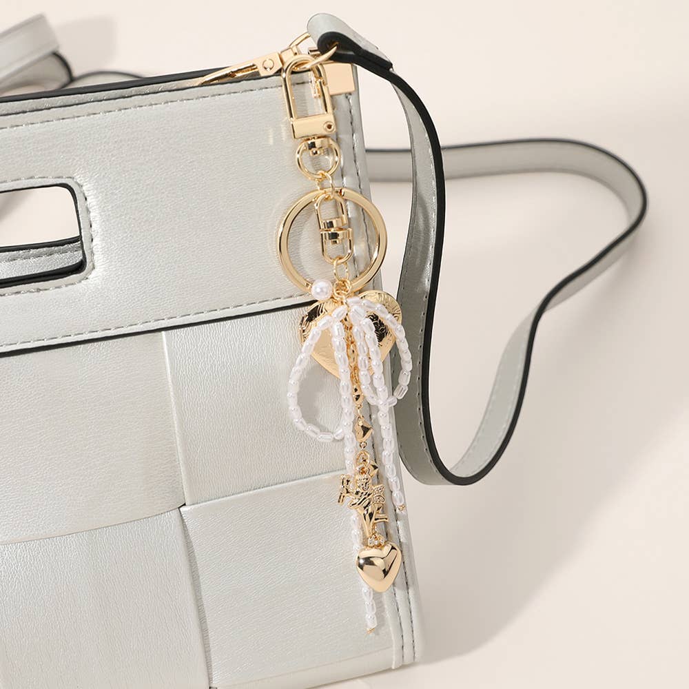 Sensibling Corp. - Wholesale Keychain - Women's - Pearl Beaded Bow Metal Heart Embellished Bag Charm Keychain1