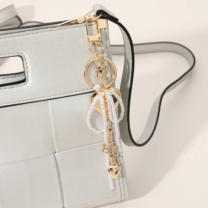 Sensibling Corp. - Wholesale Keychain - Women's - Pearl Beaded Bow Metal Heart Embellished Bag Charm Keychain1