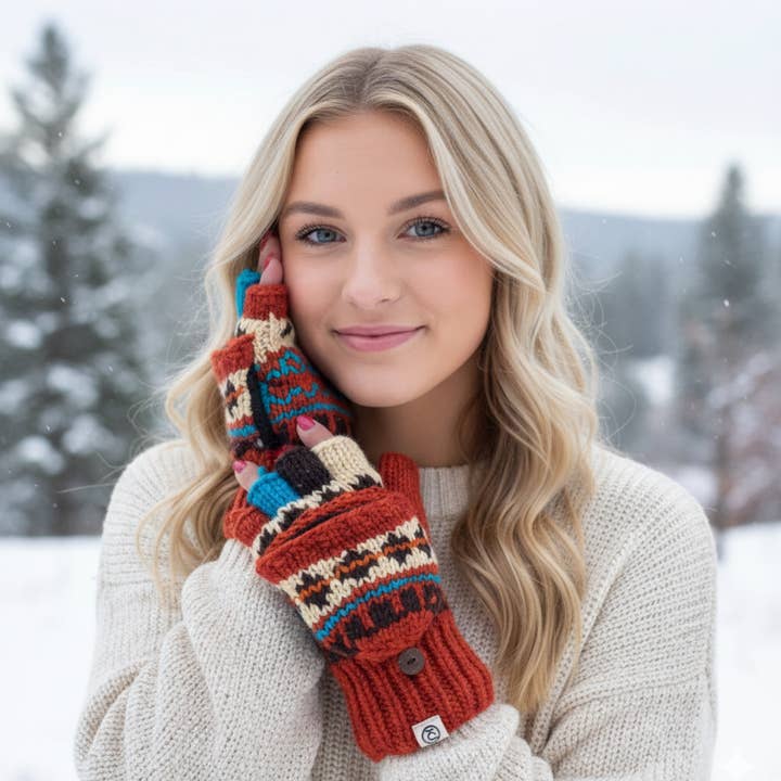 Håndstrikket konvertibel vante, vinterhandsker, fingerløs for engroshandel hos Lungta Imports