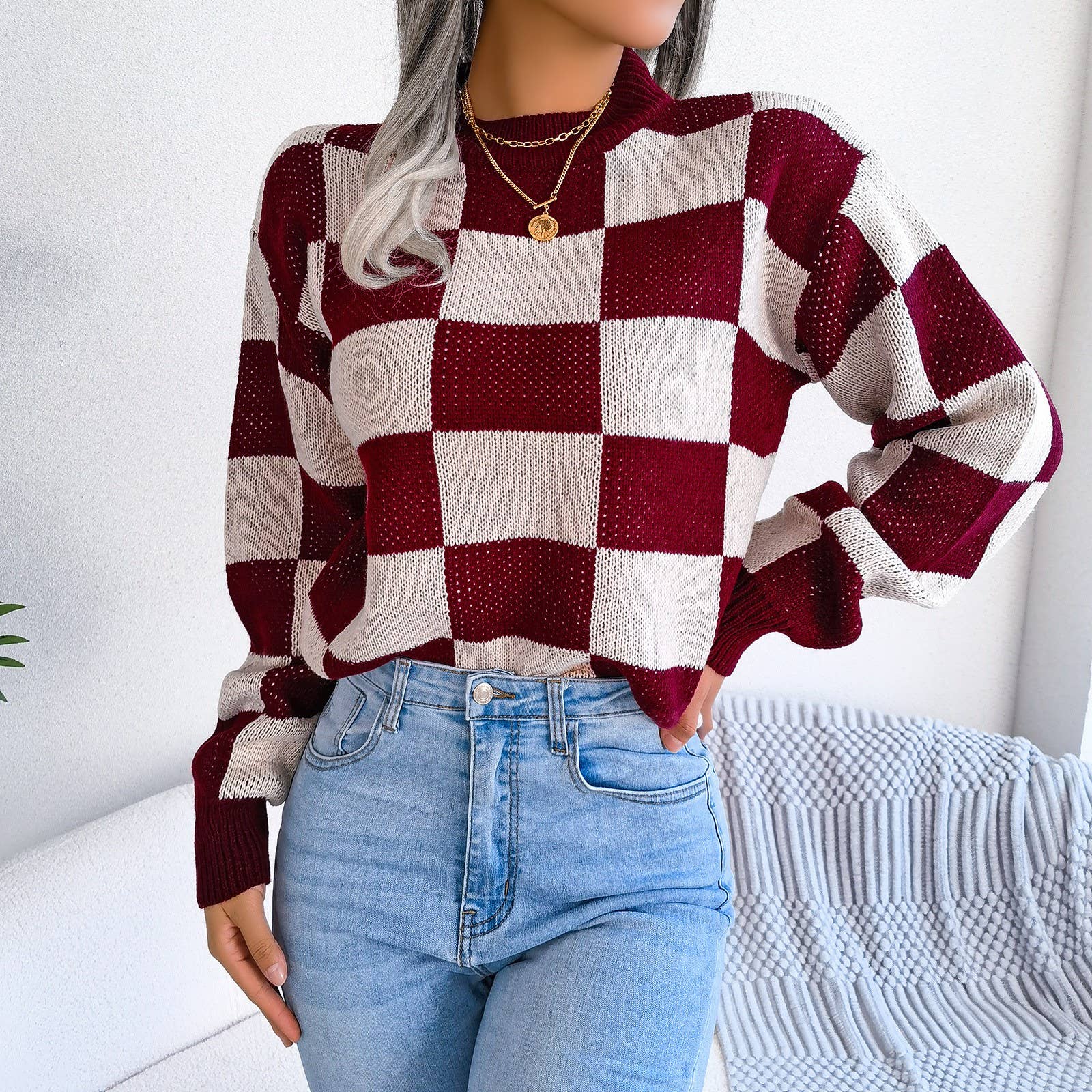 Hope & Sunshine - Wholesale Knit Sweater - Women's - Colorblock Plaid Knit Sweater For Women14