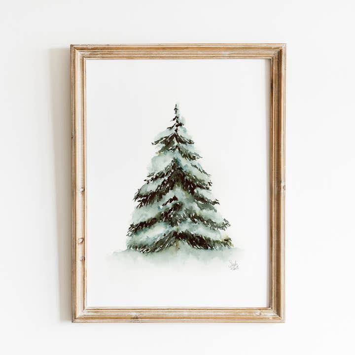 Snowy Pine Tree Watercolor Print for wholesale by Sarah Jane Studio Art
