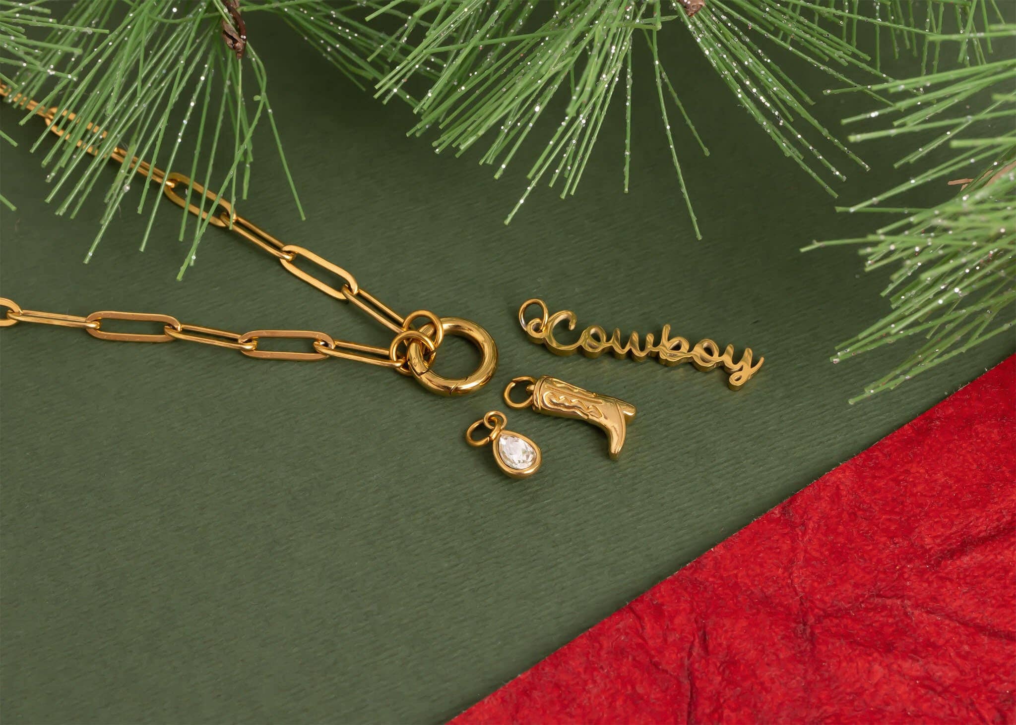 WJW – Engroshandel Smykkesæt – Guld rustfrit stål cowboy charmholder halskæde gavesæt9