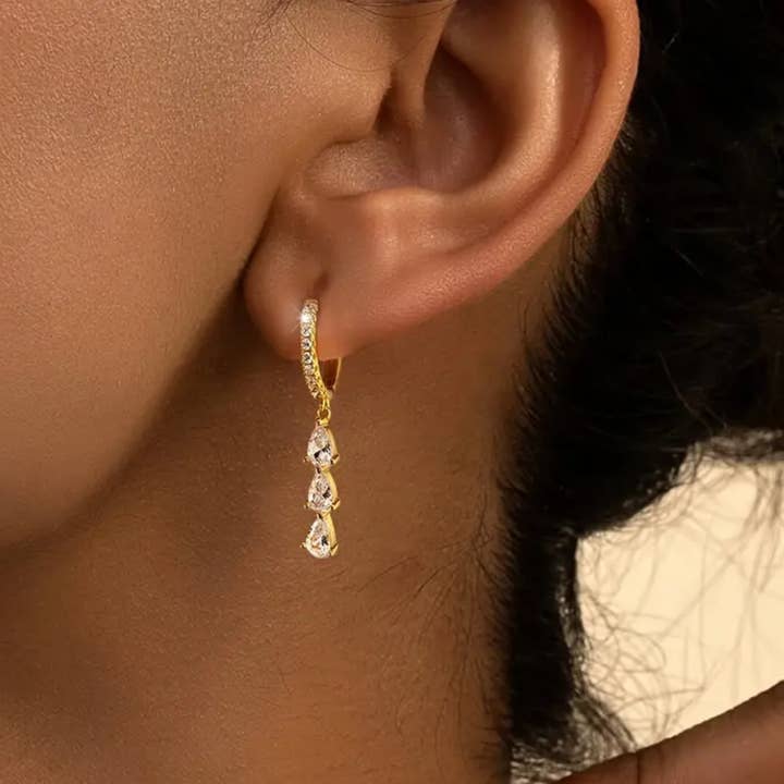 14K Gold Huggie Paved CZ Teardrop Dangle Earrings for wholesale by Everly Yours
