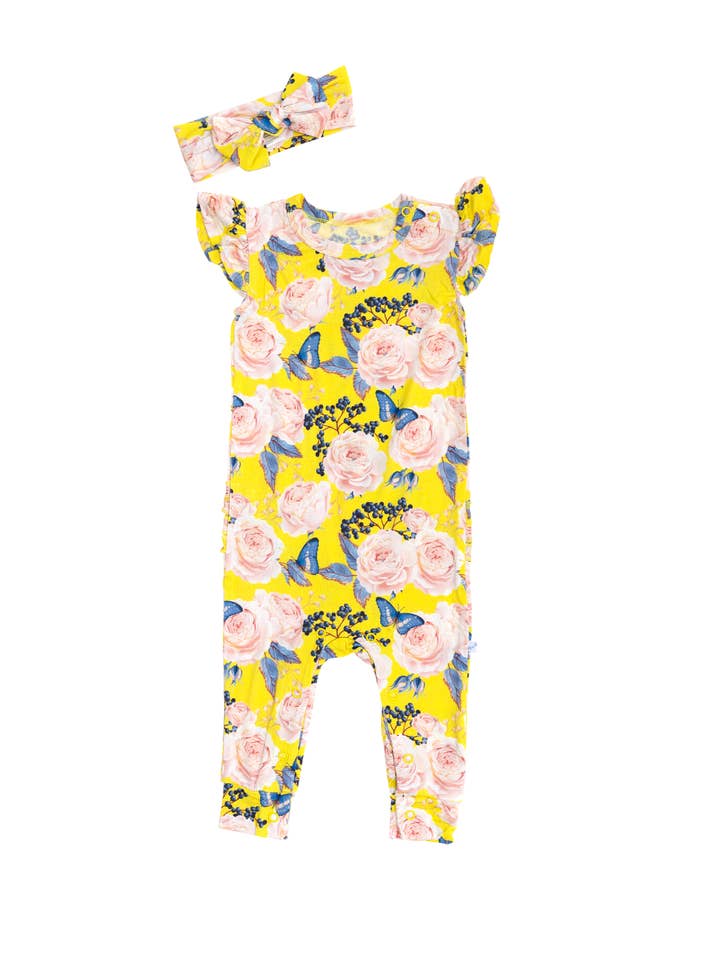 Stone and Rose - Wholesale Jumpsuit - Baby - Floral Butterfly Flutter Sleeve Ruffled Romper