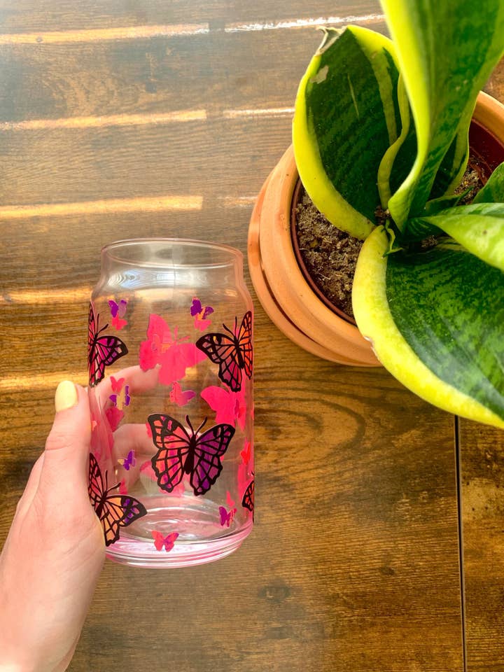 Holographic pink butterfly glass cup, 16 oz pint, glass can for wholesale by MarieDesignCo