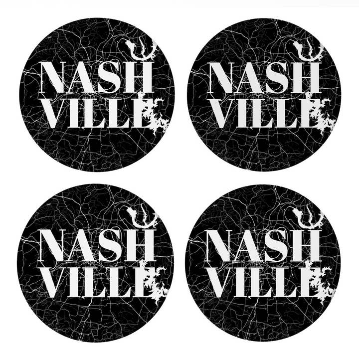 Love Local - Wholesale Coasters - Minimalist B&W Tennessee Nashville M|Rnd Coasters Set 4