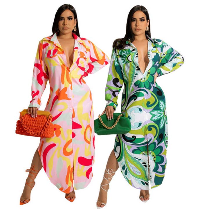 pinkblu02 - Wholesale Dress - Women's - Women Fashion Vacation Boho Style Graphic Long Sleeve Maxi Shirt Dress
