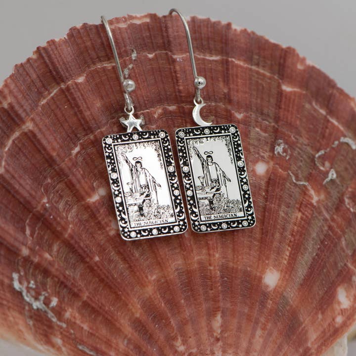 DreamedBy - Wholesale Dangle Earrings - The Magician Tarot Card Engraved 925 Sterling Silver4