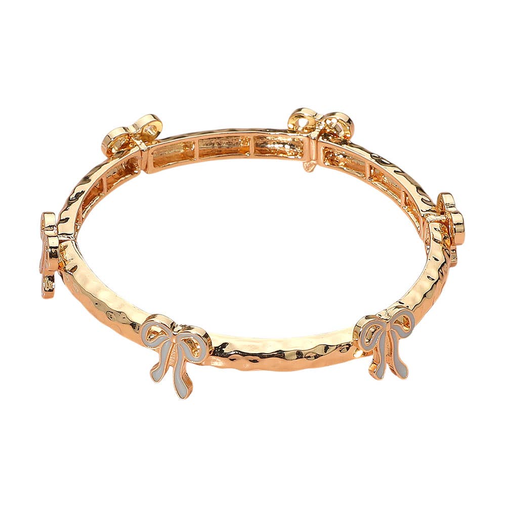 Sensibling Corp. - Wholesale Bangle Bracelet - Enamel Bow Accent Hammered Metal Bar Beaded Stretch Bracelet1