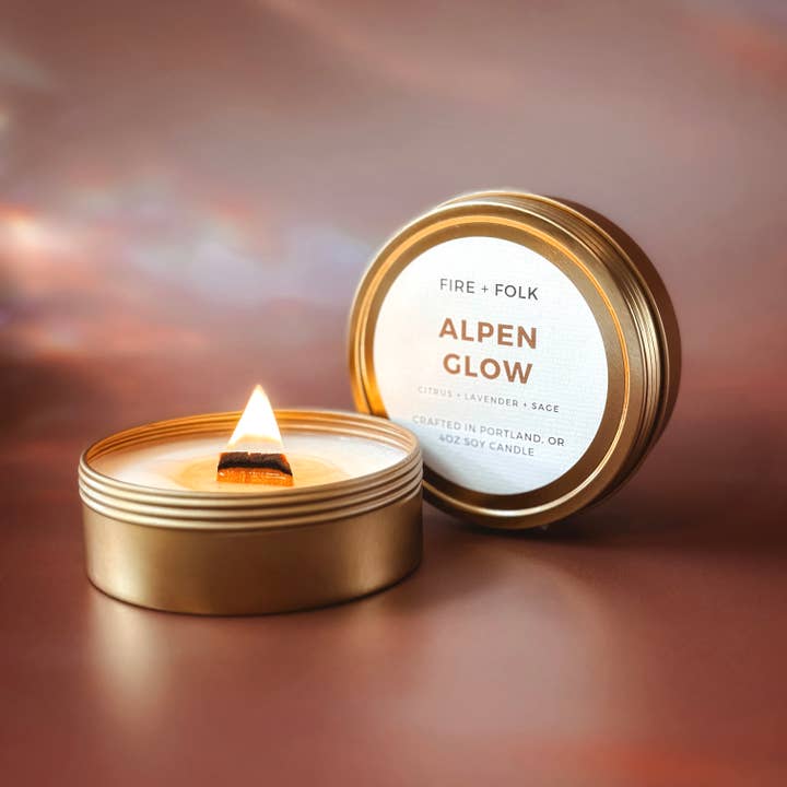 Alpenglow | 4oz Wood Wick Soy Candle Tin for wholesale by FIRE + FOLK