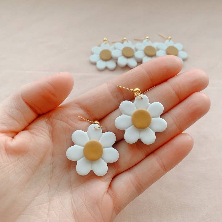 Boho Daisy Dangle Polymer Clay Earrings for wholesale by Honey Dijon