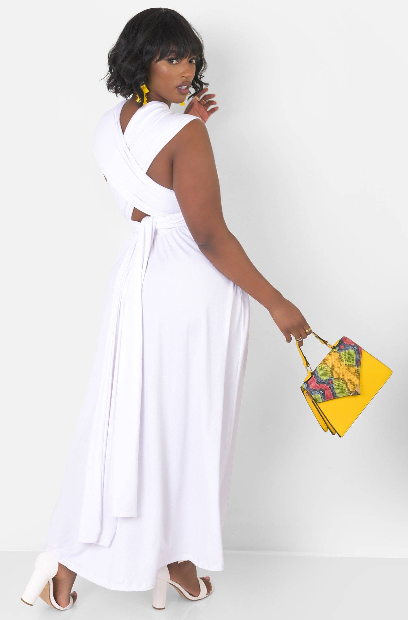 White Dreamy Sleeveless V Neck Multiway Skater Maxi Dress W. Pockets for wholesale on Faire14