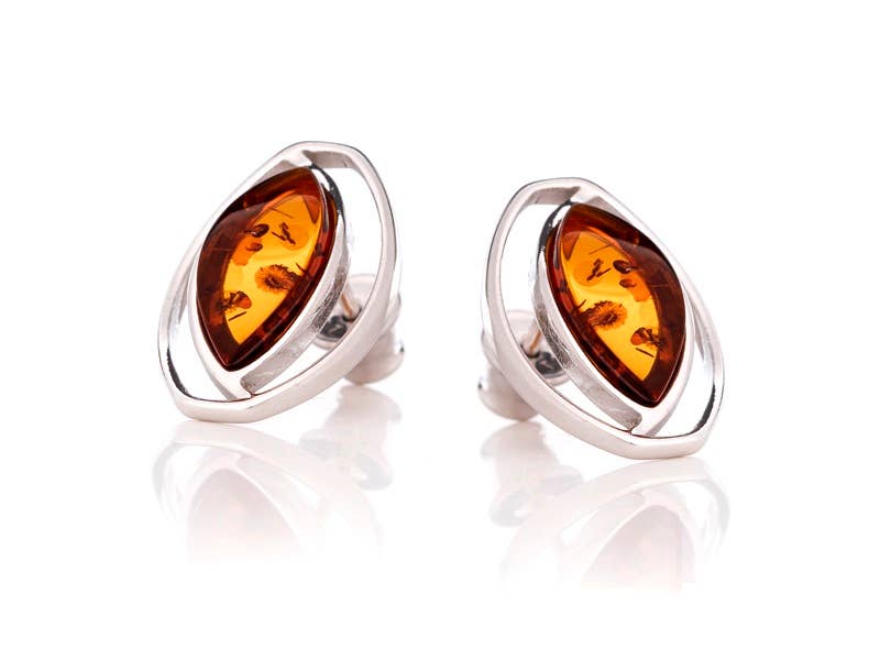 Cognac Clous d'oreilles ambre cognac naturel navette, argent 925 en vente sur Faire0