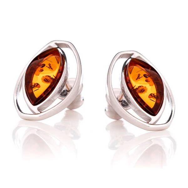 Natural shuttle cognac amber earrings, sterling silver for wholesale on Faire