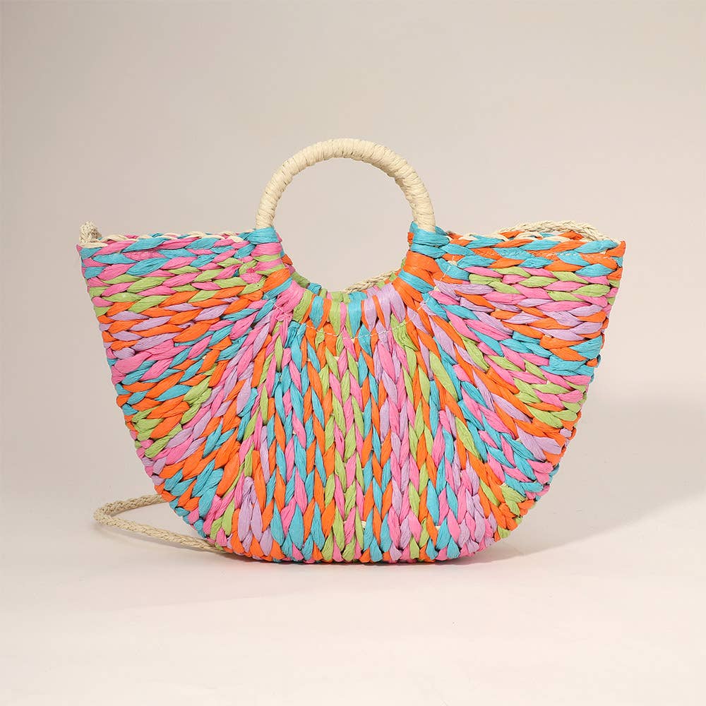 Sensibling Corp. – Großhandel Henkeltasche – Damen – Mehrfarbige gewebte Jute-Handtasche mit rundem Griff / Handtasche