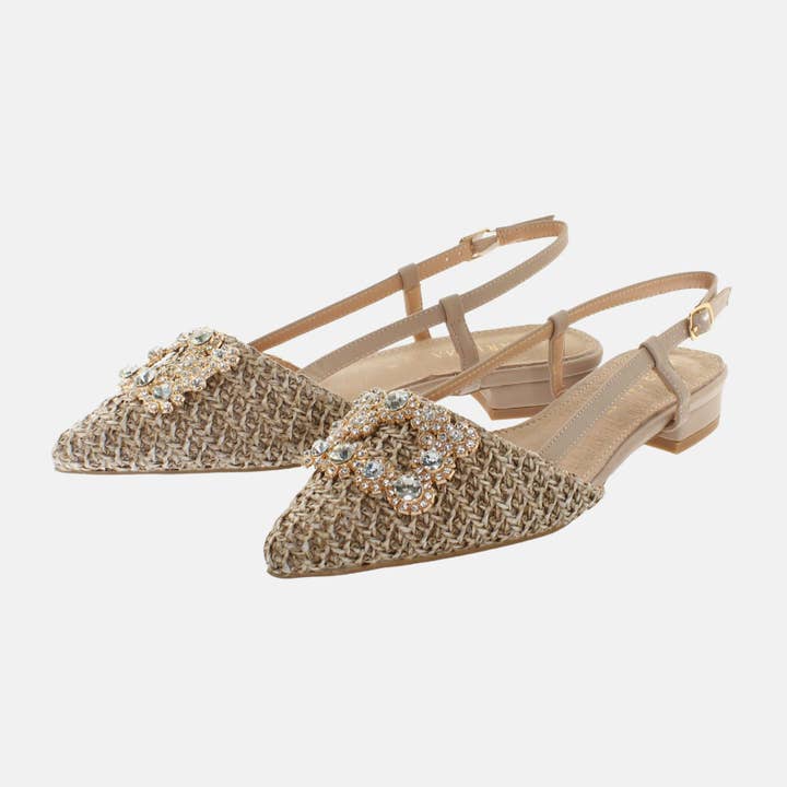 Beige Ballerina mit Riemen, Strass und Raffia-Schnalle für den Großhandel auf Faire2