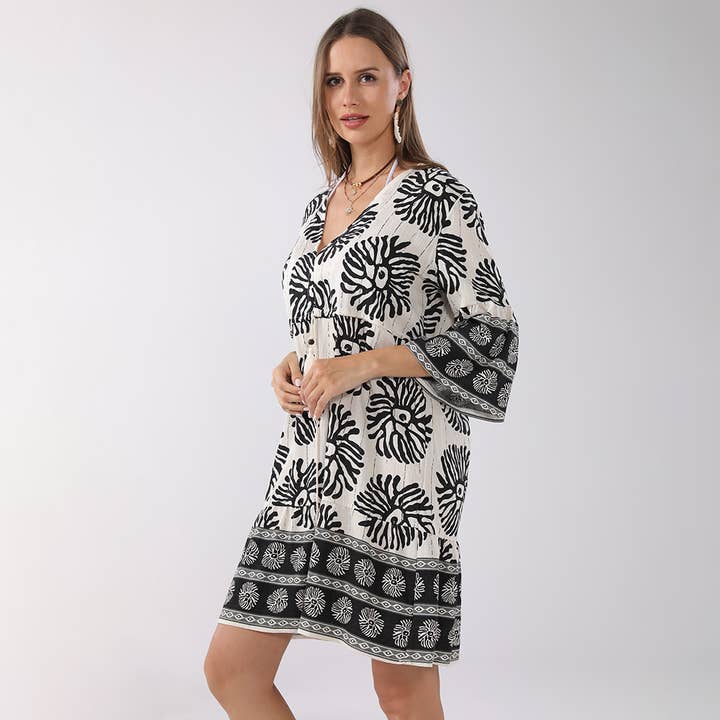 Sensibling Corp. - Wholesale Dress - Women's - Bohemian Printed V-Neck Tunic Summer Dress