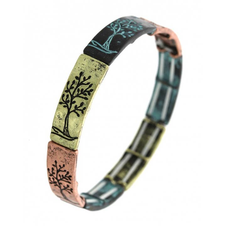 Bracelet extensible rectangulaire Arbre de Vie en cuivre patiné et laiton pour la vente par 0011 PREMIERE