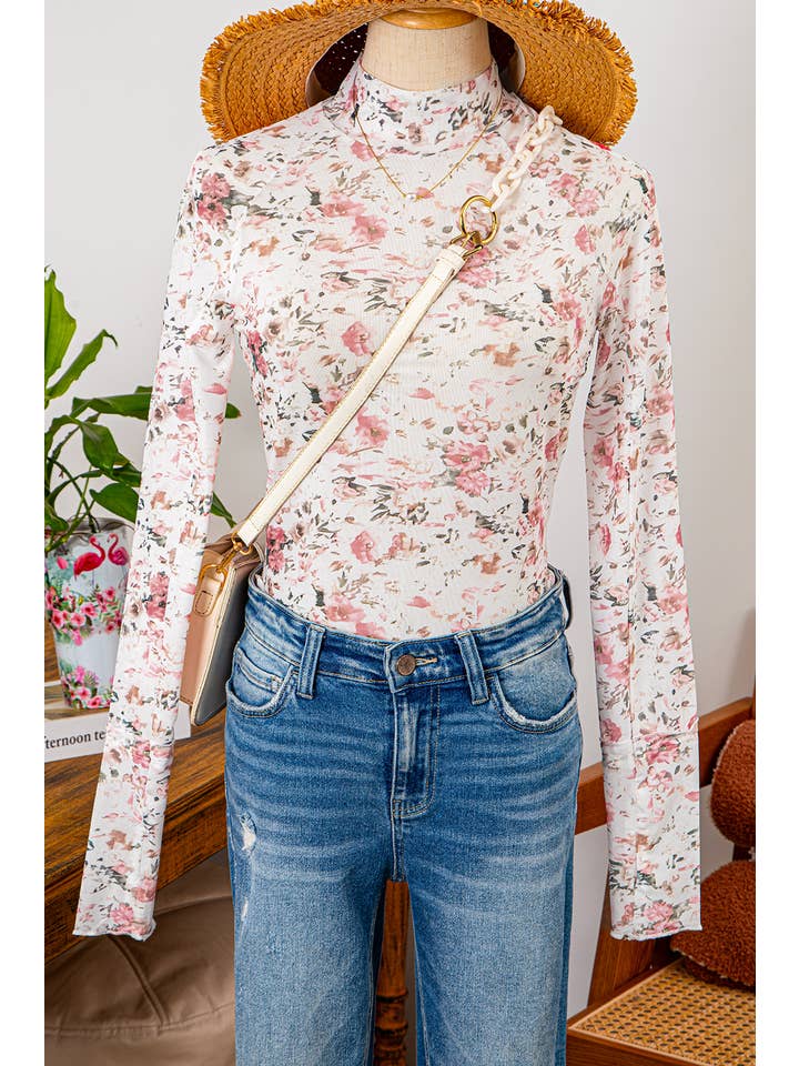 fashionworks - Wholesale Blouse - Women's - Fashion-W Floral Long Sleeve High Neck Sheath Mesh Blouse
