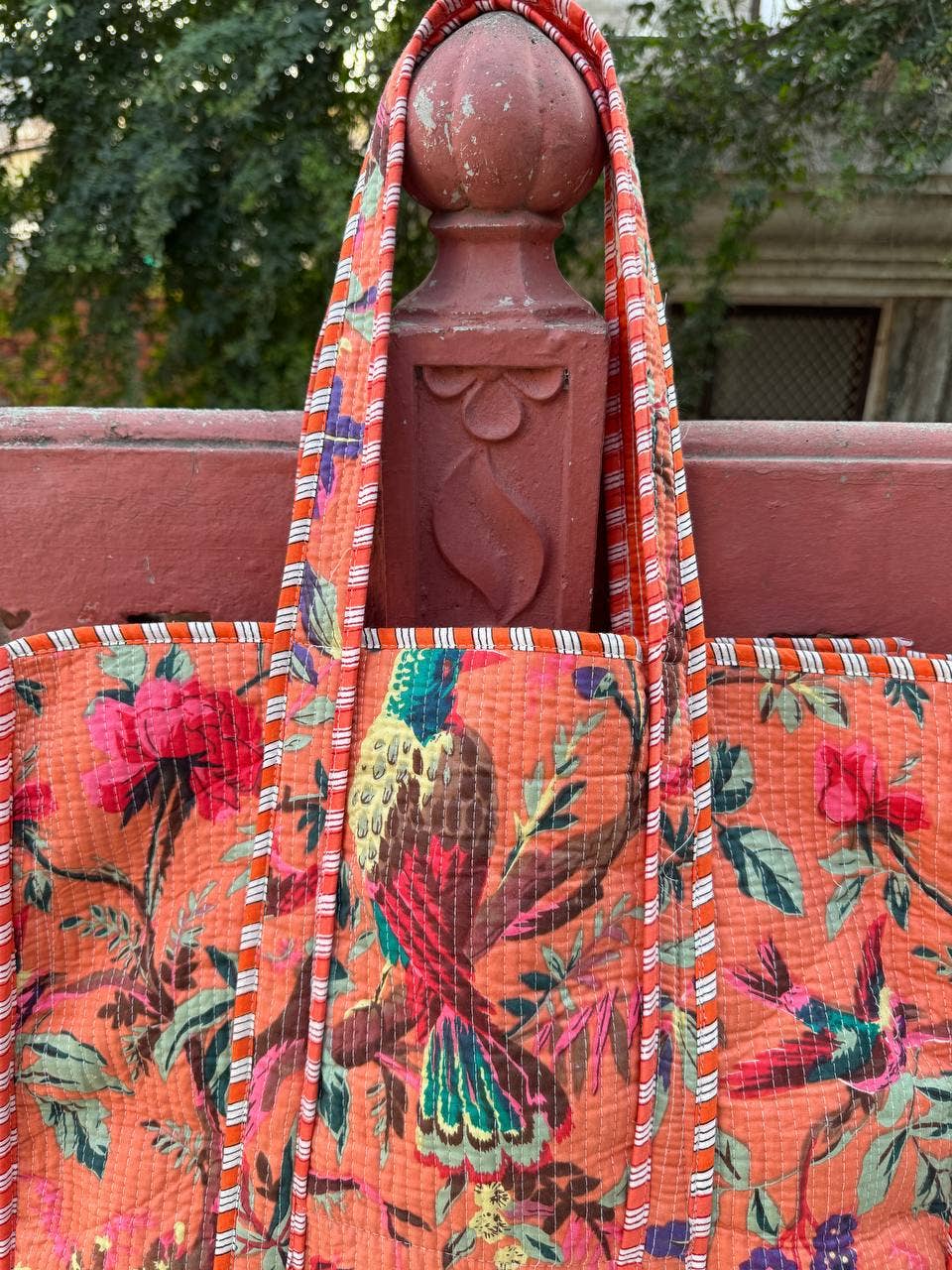 Bhawana Handicrafts – Sacola - Mulher por atacado – Bolsa de algodão acolchoada com estampa de pássaros para meninas, sacola de mercado4