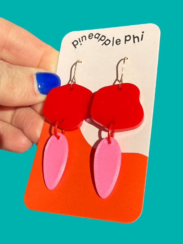 Pink and Red Dangle Bold Bright Valentines Day Earrings for wholesale by Pineapple Phi