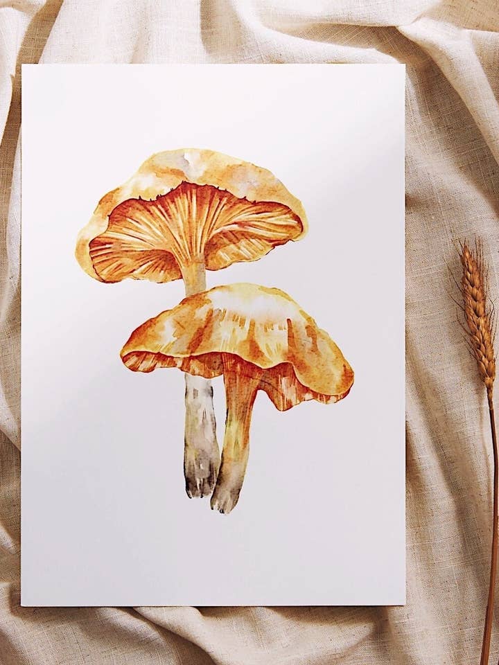 Jack-O-Lantern Mushroom Watercolour Art Print for wholesale by Kathleen Lauren Creative Arts