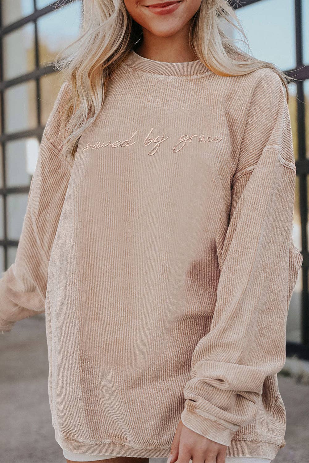 Suhkasana – wholesale Sweatshirt – Women's – Embroidered “saved by grace” Chunky Knit Crewneck Sweater7