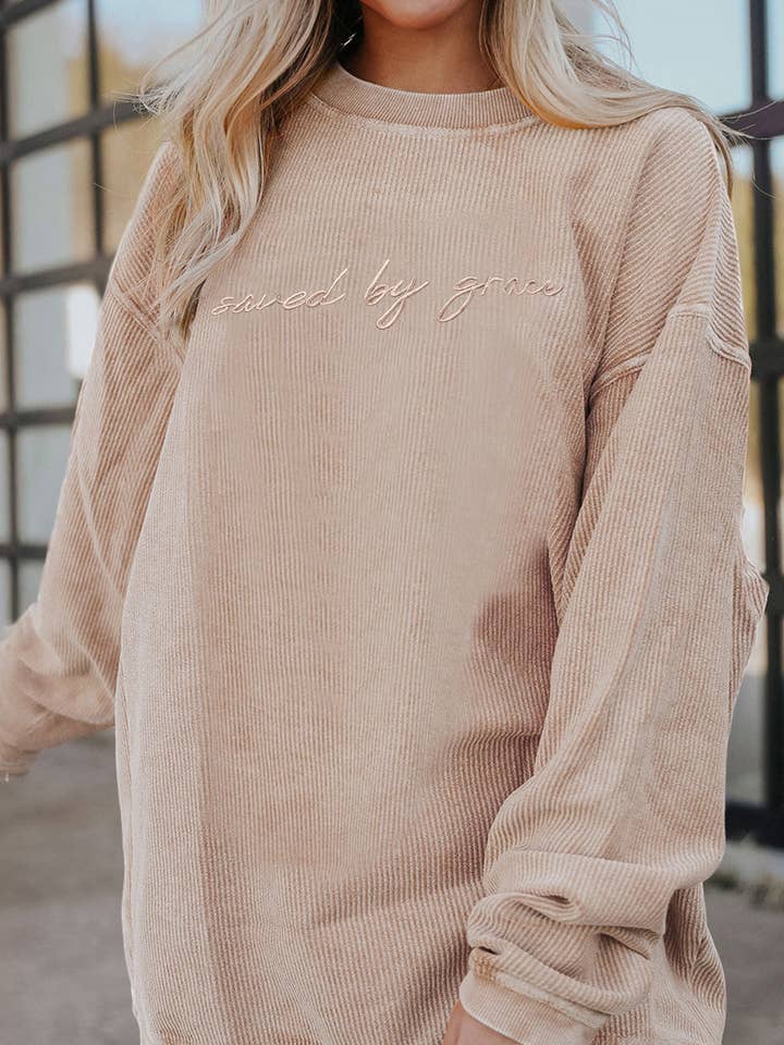 Suhkasana - Vente Sweat-shirt – femme - Pull à col rond en grosse maille brodé "sauvé par la grâce"7