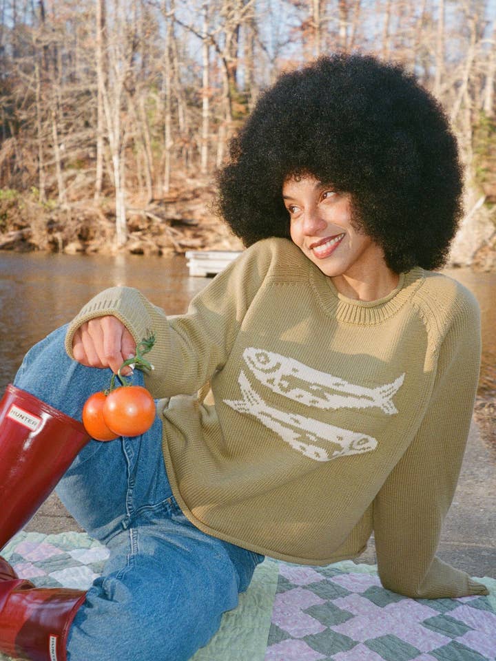 GREEN COTTON FISH SWEATER for wholesale by Beaten Path Co