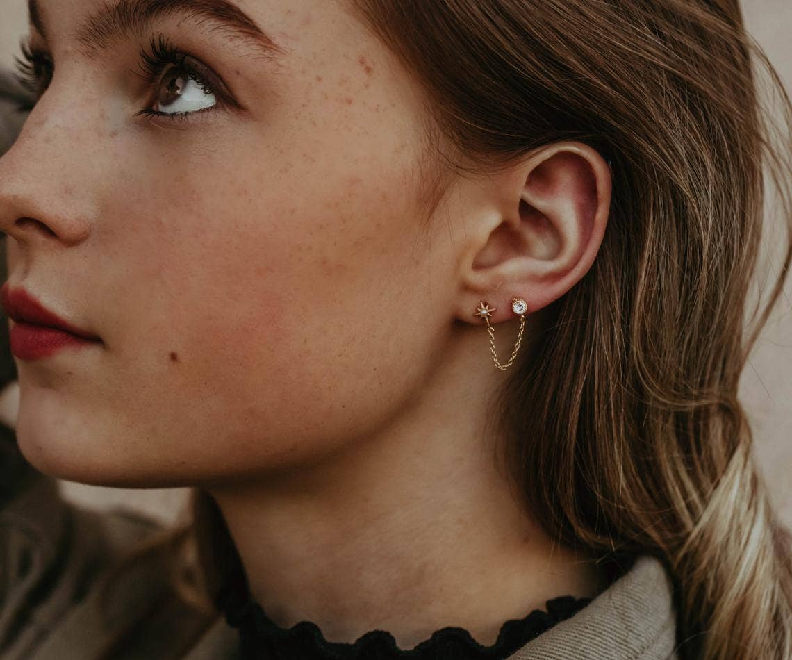 A Worthy Brand - Vendita all'ingrosso Orecchini pendenti - Piercing doppio per orecchini, a forma di luna e stella, con zirconi cubici3