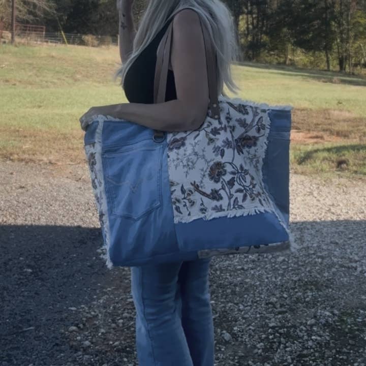Texas Western Cowhide Bags and More - Wholesale Weekender Bag - Women's - Floral and Denim Weekender Travel Bag Myra