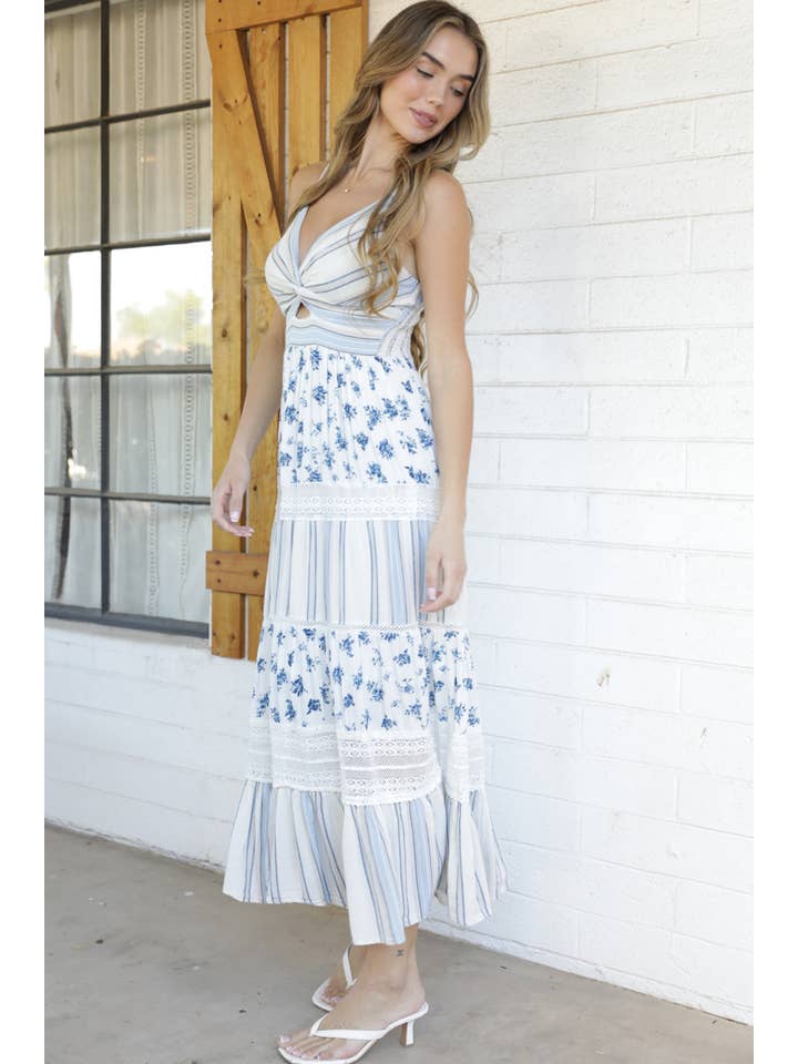 ANGIE - Wholesale Dress - Women's - C4J42-W719-WA93 STRIPE AND FLORAL TWIST FRONT LACE TRIM MAXI1