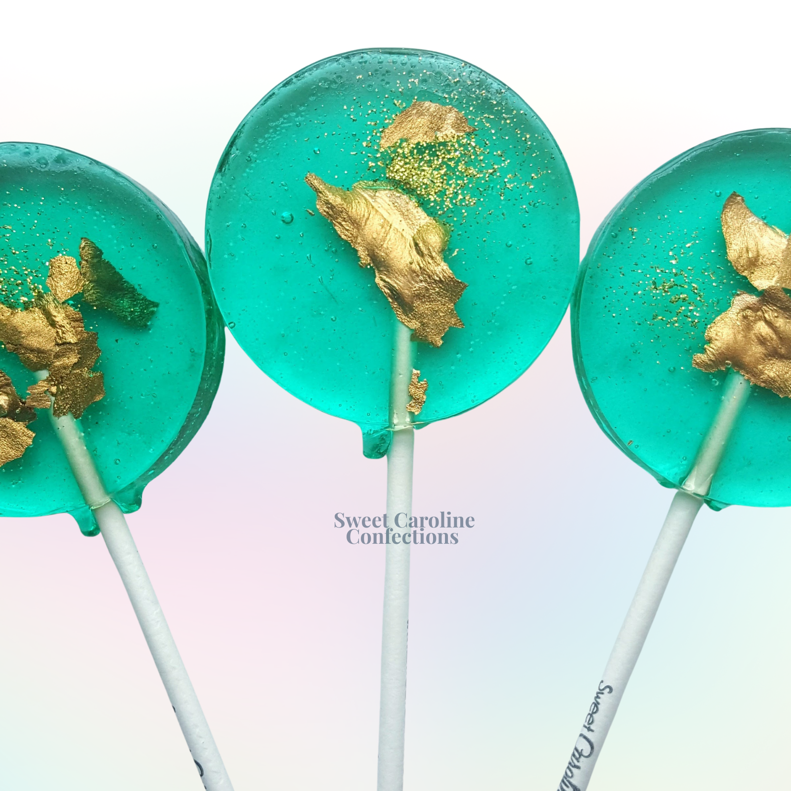 Sweet Caroline Confections - Wholesale Lollipop - Teal and Gold Sparkle Lollipops, Green Apple, 10/Case -VEGAN1